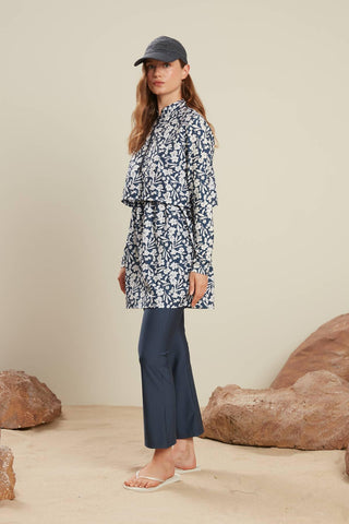 Patterned 3 Piece Swimwear Set Flower Navy Blue