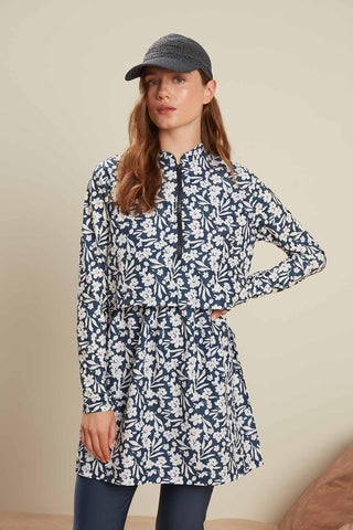 Patterned 3 Piece Swimwear Set Flower Navy Blue