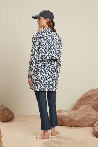 Patterned 3 Piece Swimwear Set Flower Navy Blue