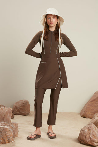 Biye Detaylı Tesettür Yüzme Etek Kahve