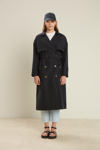 Double-Breasted Trench Coat With Buttons Dark Navy Blue