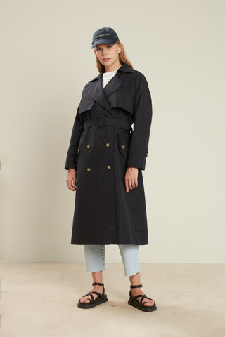 Double-Breasted Trench Coat With Buttons Dark Navy Blue