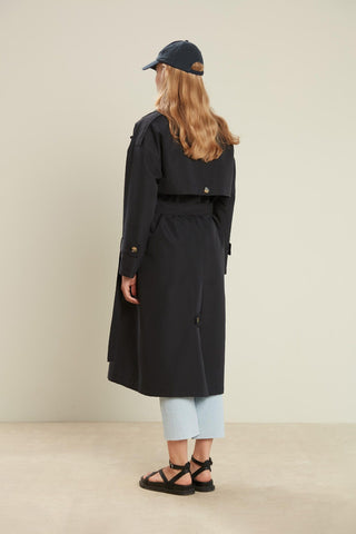 Double-Breasted Trench Coat With Buttons Dark Navy Blue