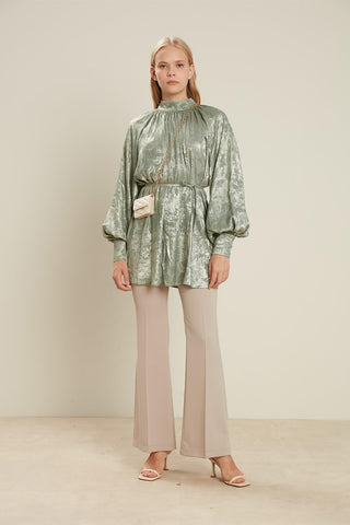 Satin Bell Bottom Trousers Beige