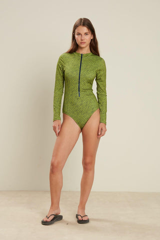 Swimsuit With Front Zip Summer Green Patterned