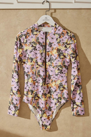 Swimsuit With Front Zip Flower Patterned