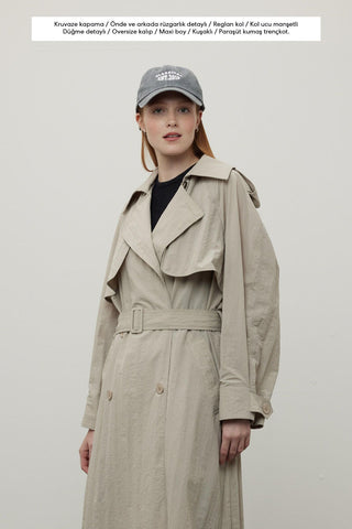 Technical Fabric Oversize Trench Coat Beige