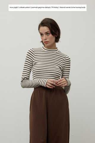 Striped Finger Sleeve Bodysuit Brown