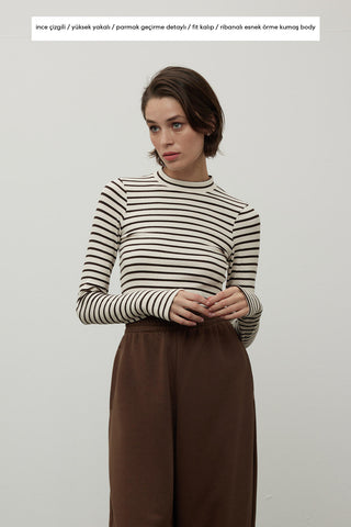 Striped Finger Sleeve Bodysuit Brown