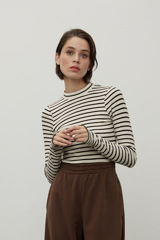 Striped Finger Sleeve Bodysuit Brown