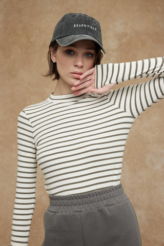 Çizgili Parmak Kol Bodysuit Vizon