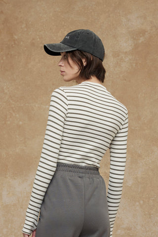 Çizgili Parmak Kol Bodysuit Vizon