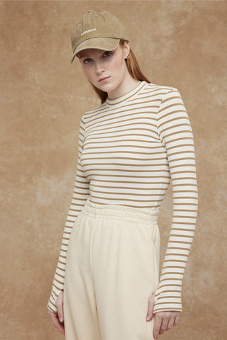 Striped Finger Sleeve Bodysuit Camel