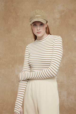 Striped Finger Sleeve Bodysuit Camel