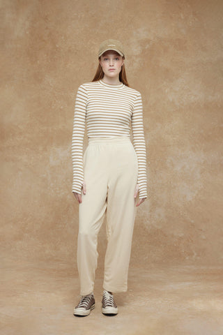 Striped Finger Sleeve Bodysuit Camel