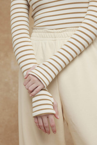 Striped Finger Sleeve Bodysuit Camel