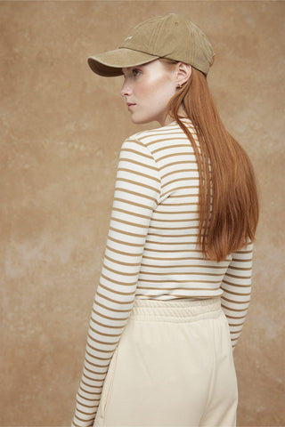 Striped Finger Sleeve Bodysuit Camel