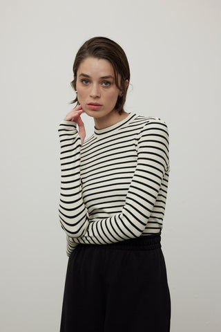 Striped Finger Sleeve Bodysuit Black