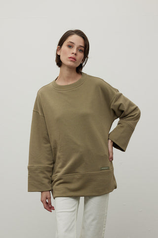 Stich Detailed Comfy Sweatshirt Khaki