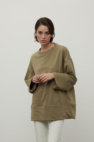 Stich Detailed Comfy Sweatshirt Khaki