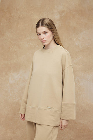 Stich Detailed Comfy Sweatshirt Camel