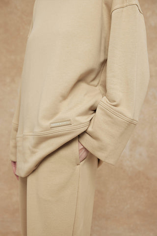 Stich Detailed Comfy Sweatshirt Camel