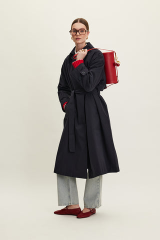 Oversized Belted Gabardine Trench Navy Blue