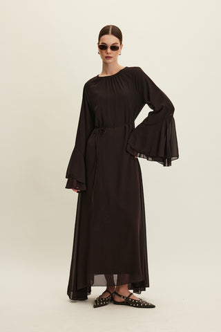 Ruffled Chiffon Dress Brown