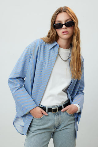 Wide Cuff Striped Shirt Blue