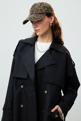 Double-Breasted Trench Coat With Buttons Black