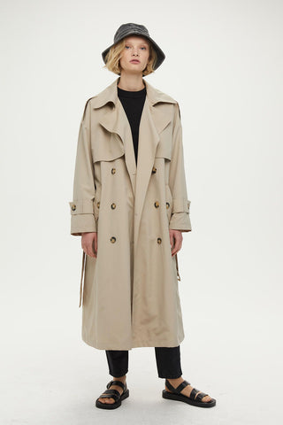 Double-Breasted Trench Coat With Buttons Beige