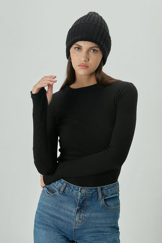 Ribbed Finger Sleeve Bodysuit Black