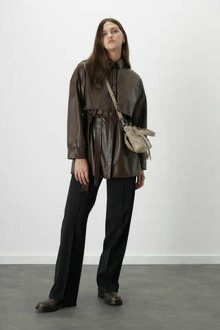 Trench Style Leather Shirt Brown