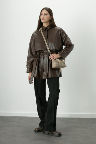 Trench Style Leather Shirt Brown