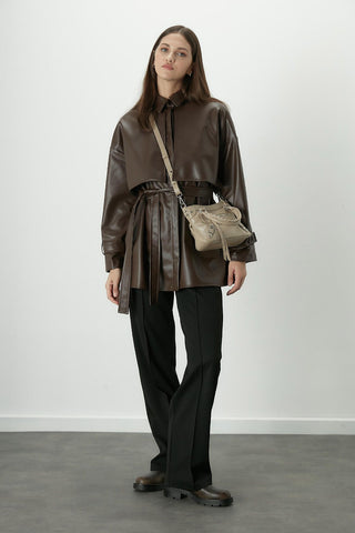 Trench Style Leather Shirt Brown