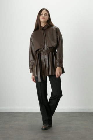 Trench Style Leather Shirt Brown