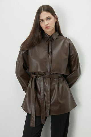 Trench Style Leather Shirt Brown