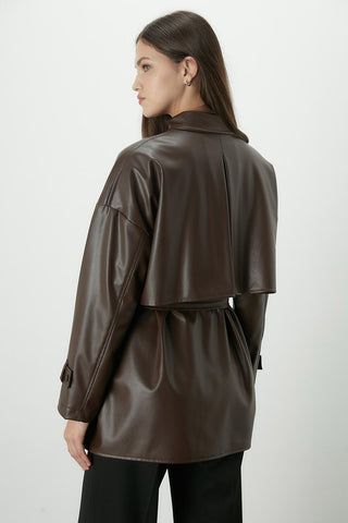 Trench Style Leather Shirt Brown