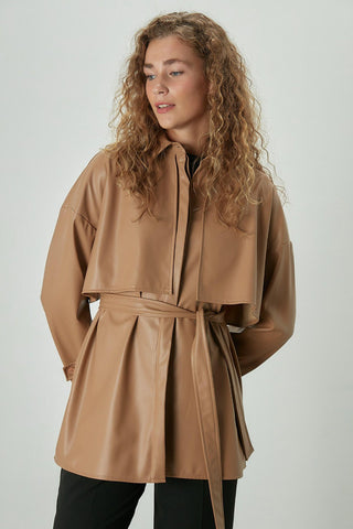 Trench Style Leather Shirt Camel