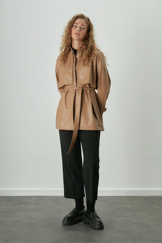 Trench Style Leather Shirt Camel