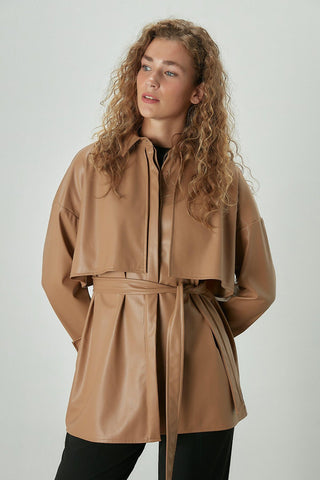 Trench Style Leather Shirt Camel