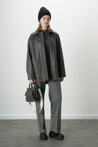 Vintage Effect Faux Leather Jacket Anthracite