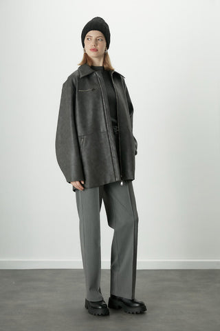 Vintage Effect Faux Leather Jacket Anthracite