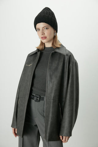 Vintage Effect Faux Leather Jacket Anthracite