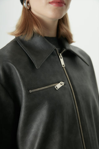 Vintage Effect Faux Leather Jacket Anthracite