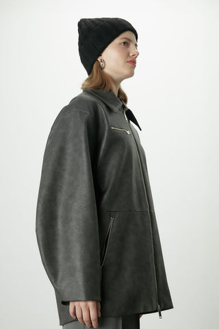 Vintage Effect Faux Leather Jacket Anthracite