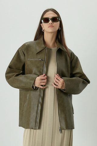Vintage Effect Faux Leather Jacket Green