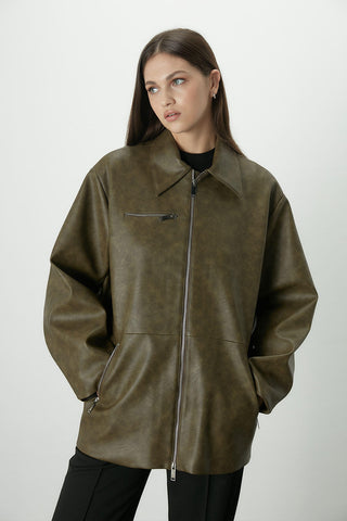 Vintage Effect Faux Leather Jacket Green
