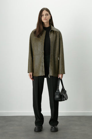 Vintage Effect Faux Leather Jacket Green