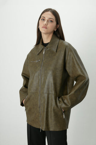 Vintage Effect Faux Leather Jacket Green
